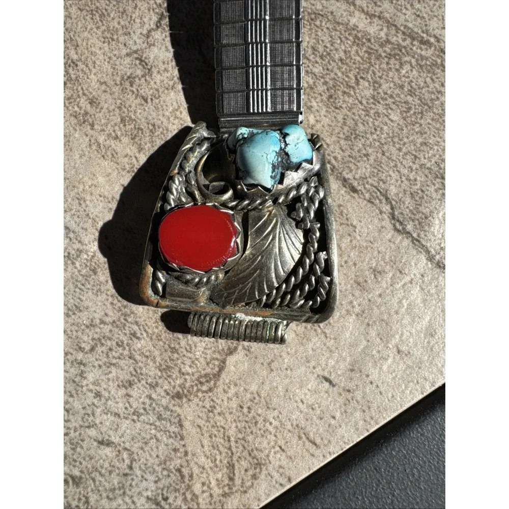 Vintage Native Sterling Silver Turquoise Coral Mens Watch Band